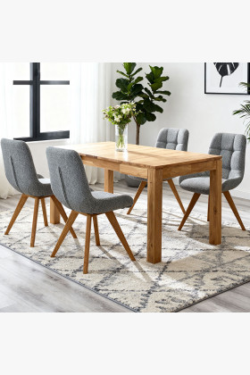 Bővíthető tömör tölgyfa étkezőasztal 4 kékesszürke székkel